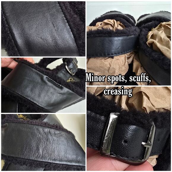 Faux Fur Sandals Seychelles No Such Thing Size 7 Black Leather Slipper Slingback - Picture 9 of 13